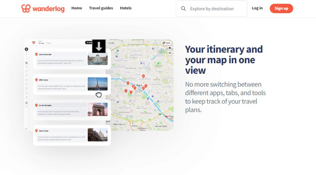 Screenshot of Wanderlog travel planning app interface showing an itinerary with location details on the left and a map with pinned locations on the right.