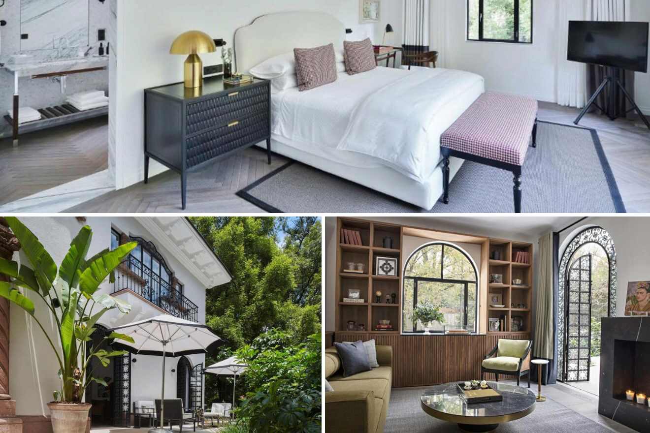A collage of three boutique hotel photos to stay in Mexico City: a bedroom, outdoor patio, and a sitting area with large windows and lush greenery outside.