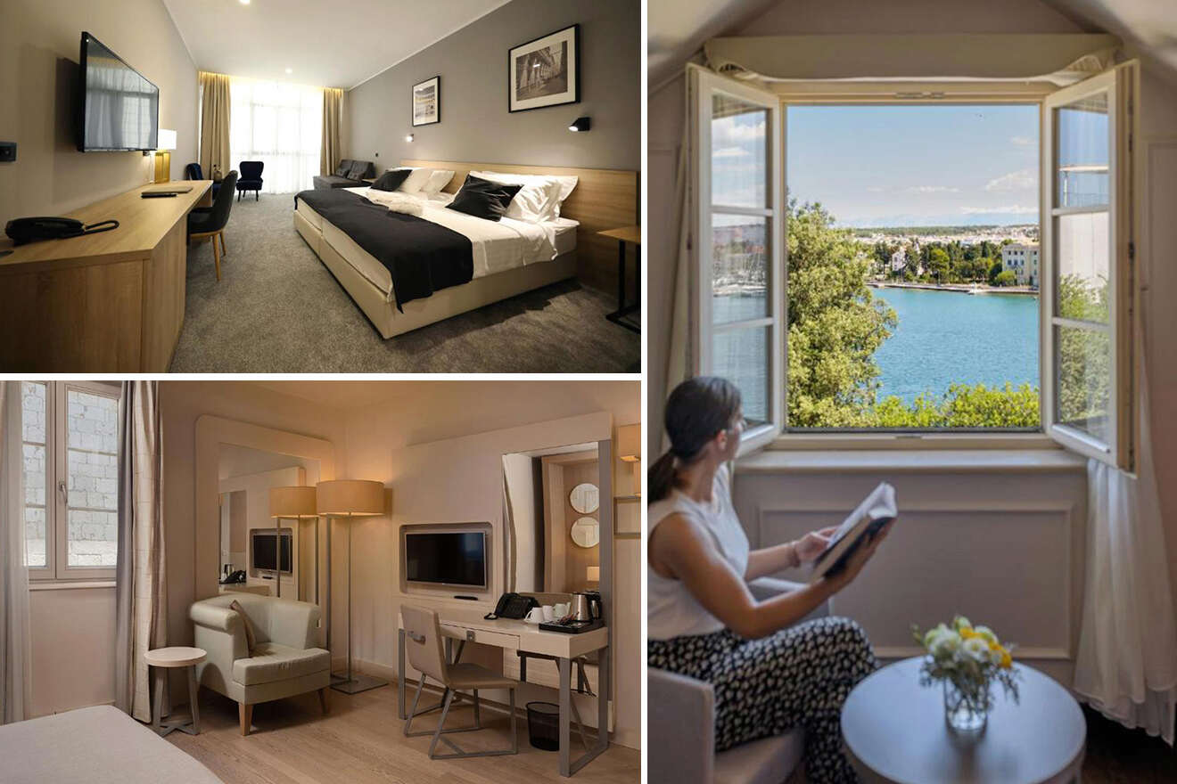 A collage of three hotel photos to stay in Zadar: A spacious hotel room with twin beds and a large window, a cozy reading nook with a beautiful view of the water, and a comfortable seating area with soft lighting.