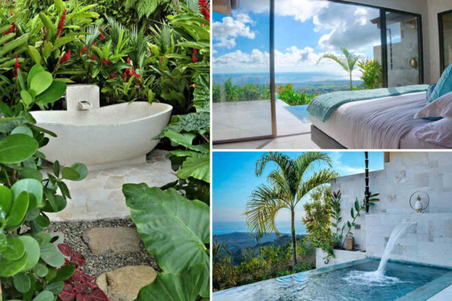 A collage of three hotel photos to stay in Uvita: An outdoor bathtub surrounded by vibrant greenery, a bedroom with floor-to-ceiling windows offering stunning views, and an infinity pool with a waterfall feature overlooking the landscape.