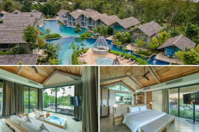 A collage of three hotel photos: a luxurious resort with private villas surrounding a turquoise pool, a spacious bedroom with wooden ceilings and large windows, and a cozy living area with modern decor