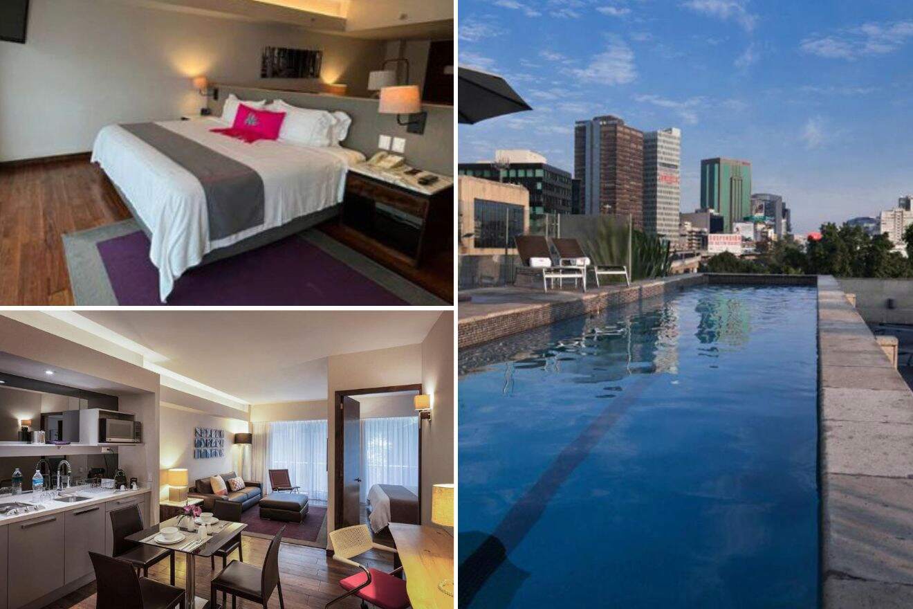 A collage of three boutique hotel photos to stay in Mexico City: bedroom with a large bed, hotel suite with kitchen facilities, a dining table, and a living area, and a rooftop pool with panoramic city views