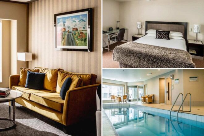A collage of three hotel photos: a comfortable living room with a mustard yellow sofa and framed artwork, a cozy bedroom with a fur throw blanket and a working desk, and an indoor swimming pool area with ample seating.