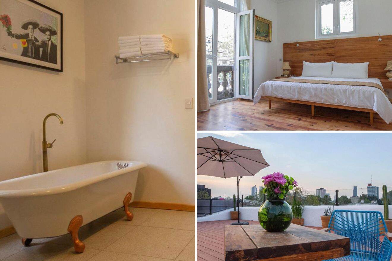 A collage of three boutique hotel photos to stay in Mexico City: bathroom with a freestanding bathtub, a bright bedroom with a wooden headboard, and a rooftop terrace with a wooden table