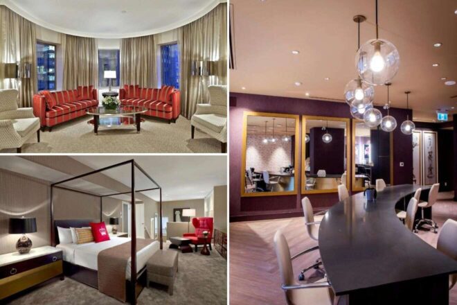 A collage of three hotel photos: an elegant lounge area with red-striped sofas and large windows, a luxurious bedroom with a four-poster bed and modern decor, and a sleek business center with contemporary lighting and decor.