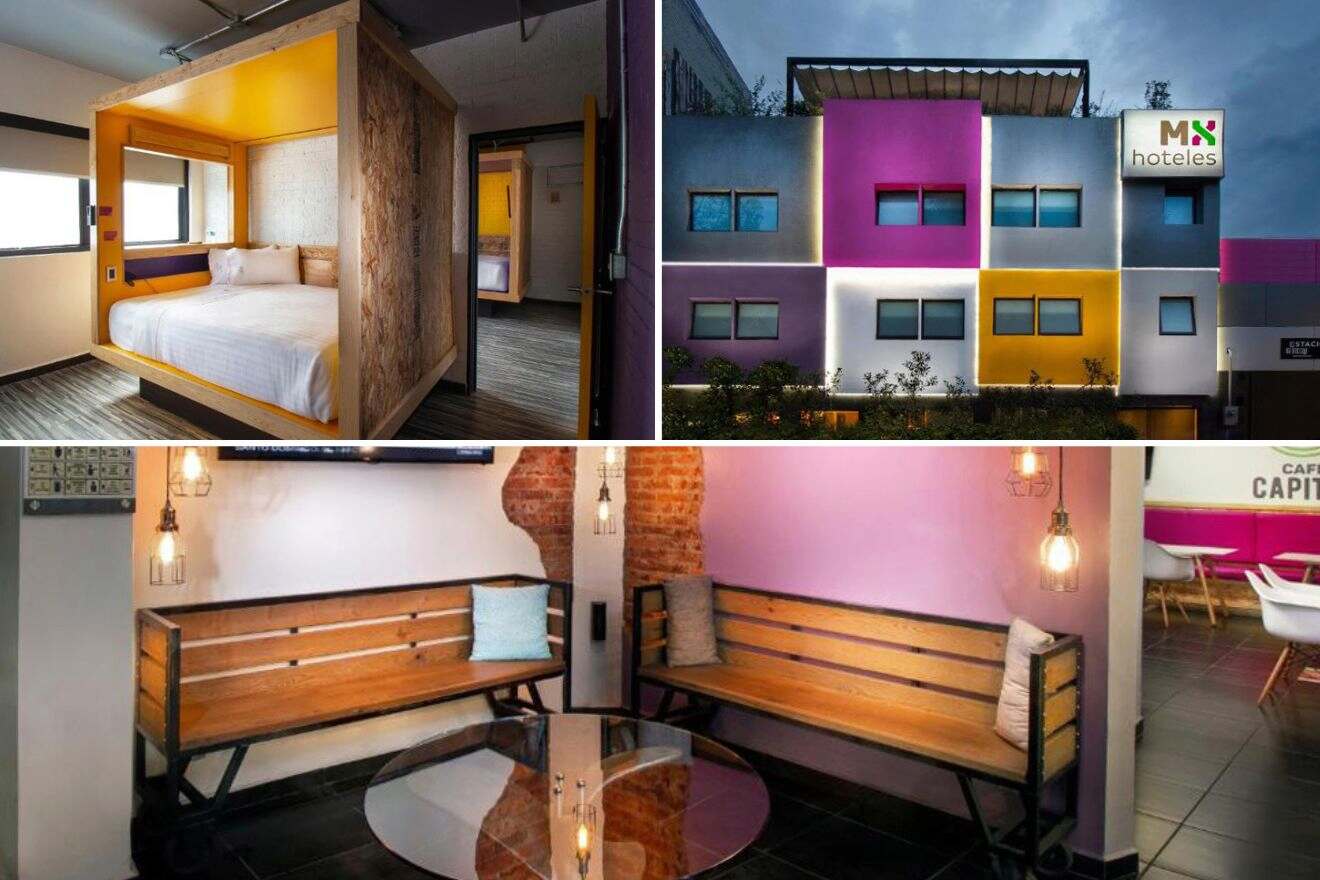 A collage of three boutique hotel photos to stay in Mexico City: bedroom featuring a yellow cubicle-style bed frame, modern hotel building with a geometric design and cozy corner with exposed brick and two wooden benches