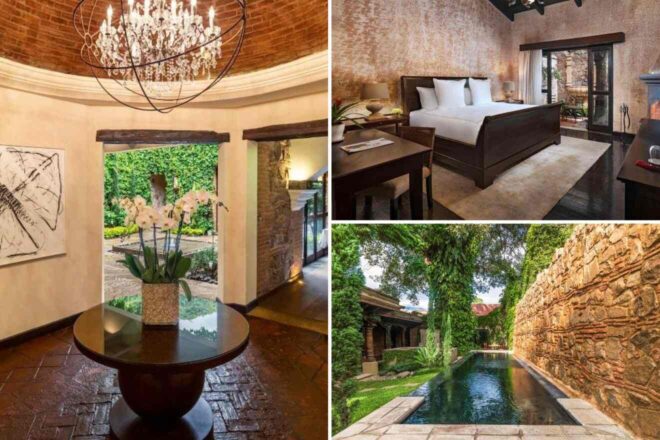 A collage of three hotel photos: a charming entryway with a crystal chandelier and brick ceiling, a cozy bedroom with rustic decor and a private garden view, and a picturesque courtyard with a narrow pool and lush greenery.