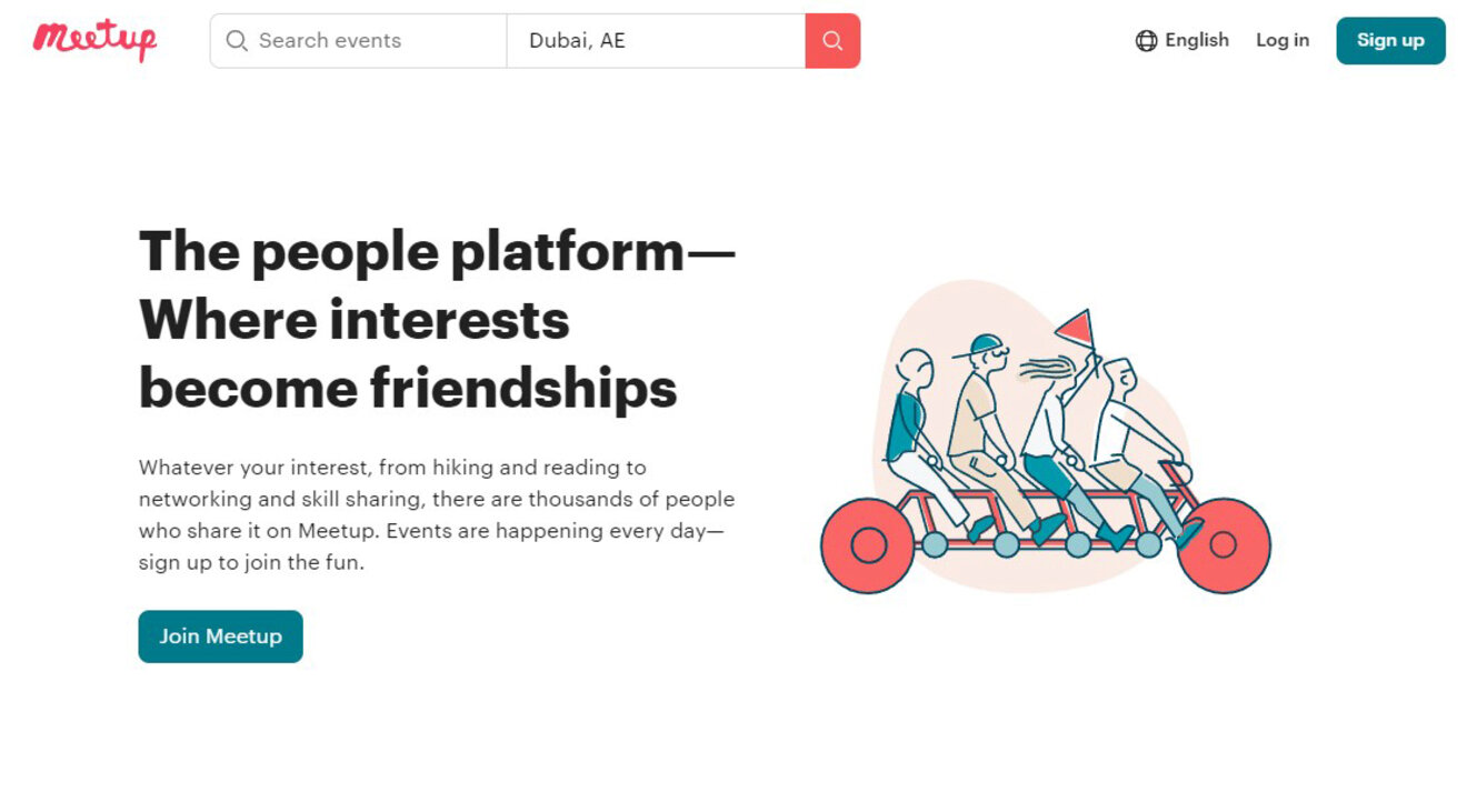 Meetup homepage displaying text about making friends with shared interests and an illustration of people riding a multi-person bicycle. Includes buttons for joining Meetup and site navigation options.