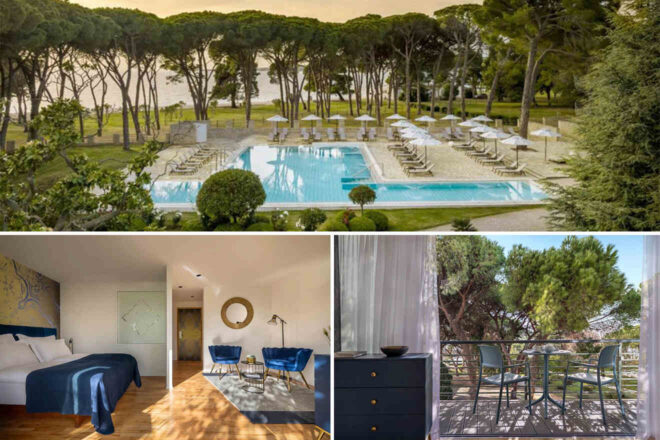 A collage of three hotel photos to stay in Zadar: A serene pool area surrounded by pine trees with plenty of sun loungers, a modern room with blue accents and a sitting area, and a private balcony with views of the lush surroundings.