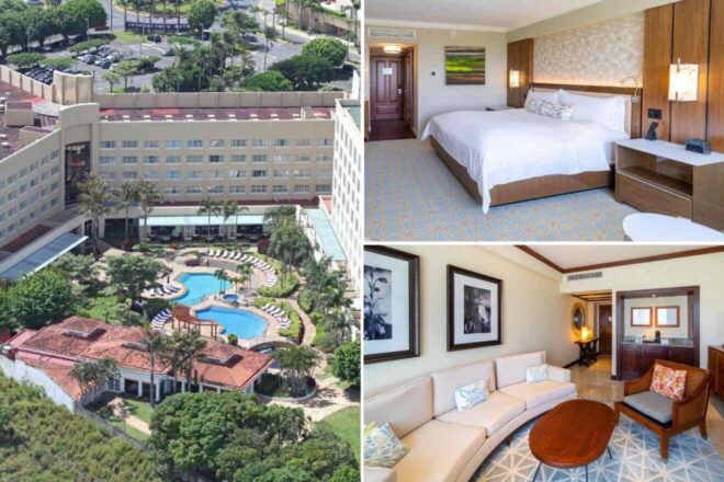 A collage of three hotel photos to stay in San Jose: an aerial view of a hotel with a large swimming pool and lush greenery, a spacious bedroom with a plush bed, and a stylish living area with comfortable seating.