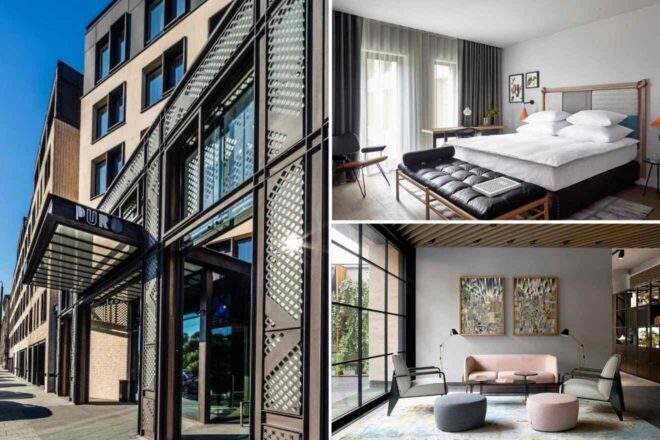 A collage of three hotel photos to stay in Krakow: the modern facade of the PURO hotel with large glass windows, a stylish room with a double bed and minimalist decor, and a chic lounge area featuring contemporary furniture and artwork