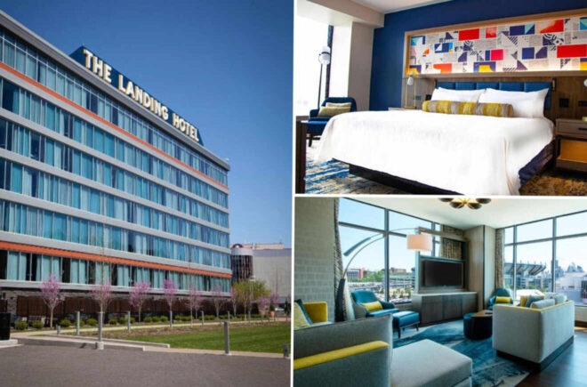 A collage of three hotel photos to stay in Pittsburgh: the modern facade of The Landing Hotel, a bright and colorful bedroom with a large bed, and a cozy living area with large windows overlooking the city.