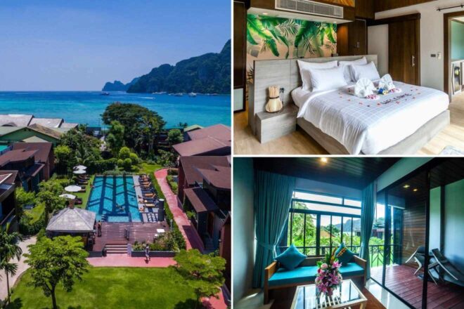 A collage of three hotel photos to stay in Phi Phi Islands: a stunning aerial view of the hotel with a pool overlooking the turquoise sea, a cozy bedroom with tropical decor, and a room with large windows offering garden views.