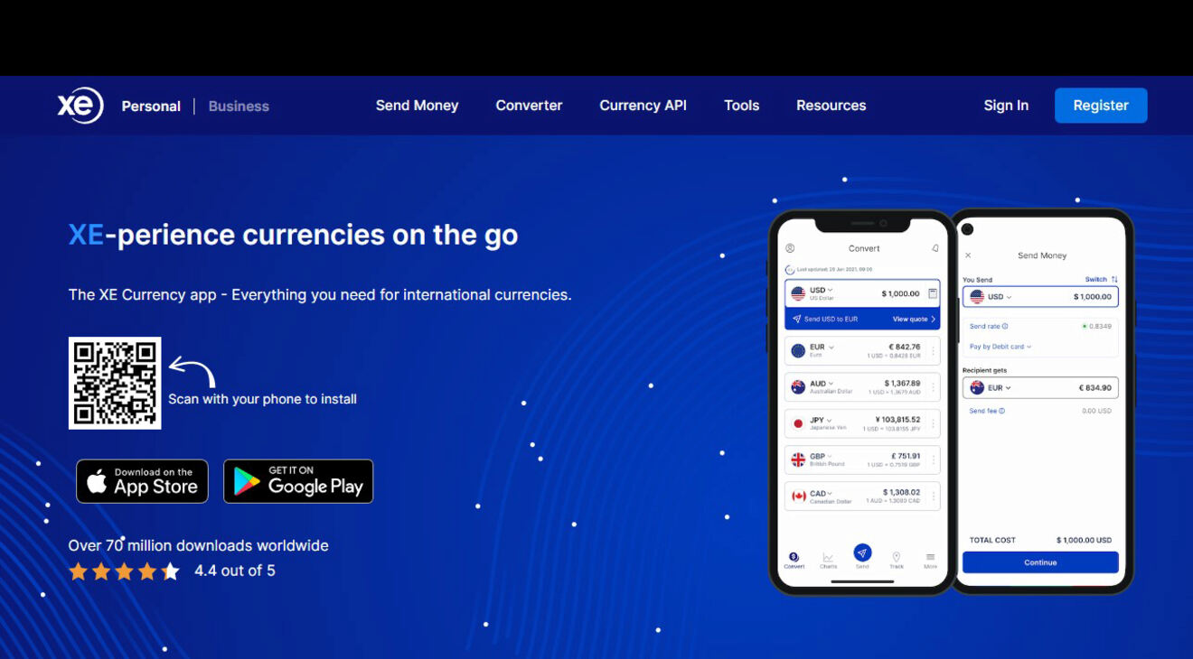 A digital advertisement for the XE Currency app features two smartphone screens showing currency conversion and a QR code for app download. The app is available on App Store and Google Play.