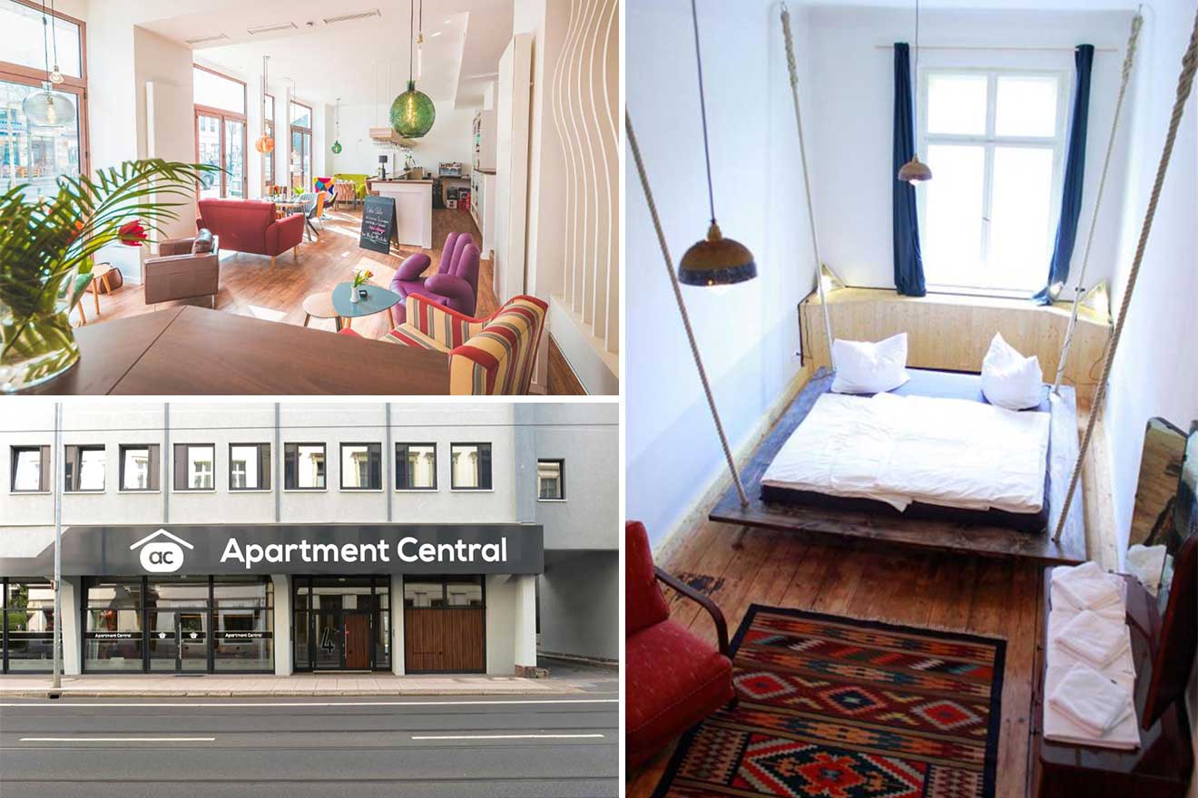Collage of hotels in Leipzig: Modern lobby with seating area, suspended bed in simple room, and building exterior with "Apartment Central" sign.
