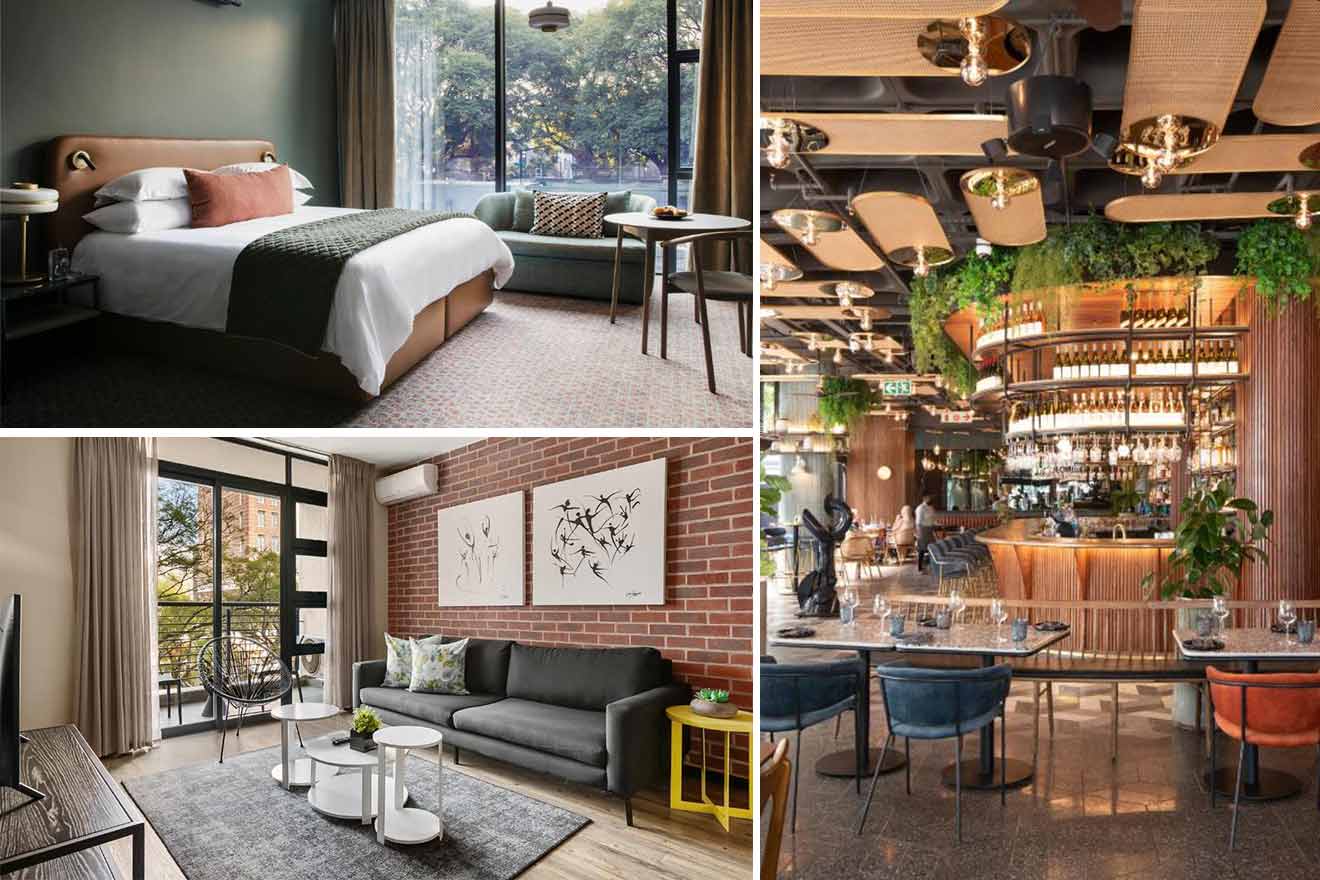 A collage of hotels in Johannesburg: a restaurant with wooden ceiling decor and greenery, a living area with a gray sofa and balcony, and a bedroom with large windows and a cozy bed.