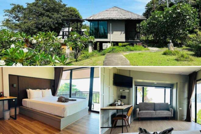 A collage of three hotel photos to stay in Phi Phi Islands: an idyllic bungalow surrounded by greenery, a modern room with a comfortable bed, and a living area with a work desk and sofa, featuring large windows for natural light.