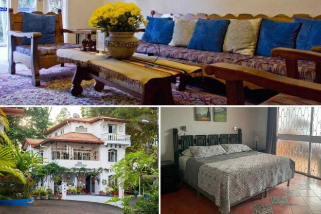A collage of three hotel photos to stay in San Jose: a charming living room with wooden furniture and colorful cushions, an exterior view of a quaint white hotel surrounded by greenery, and a bedroom featuring a cozy bed and traditional decor.