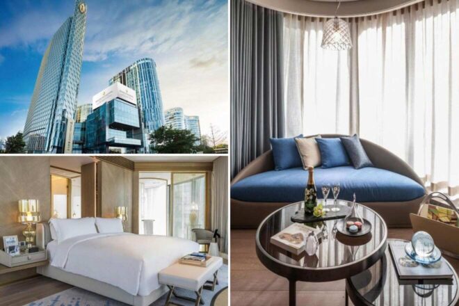 The hotel's modern and sleek exterior, a chic bedroom with a luxurious bed and stylish decor, and a cozy living area with a curved sofa and champagne setup.
