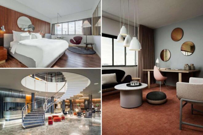 A collage of three hotel photos: a modern bedroom with a circular mirror and sleek wooden accents, a chic lounge area with minimalist decor, and a grand spiral staircase in the luxurious lobby.