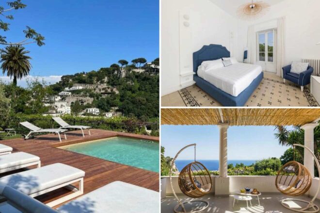 A collage of three hotel photos to stay in Capri: a serene pool area with sun loungers overlooking lush green hills and white buildings, a bright bedroom with blue accents and a private balcony, and a cozy terrace with hanging chairs offering stunning sea views.