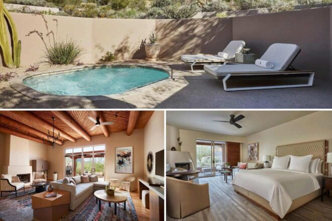 A collage of three hotel photos to stay in Scottsdale: a private patio with a small pool and sun loungers, a spacious living room with rustic wooden beams and a fireplace, and a comfortable bedroom with a modern design and outdoor views.