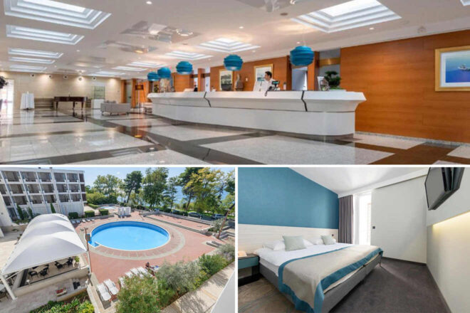 A collage of three hotel photos to stay in Zadar: A modern hotel lobby with sleek white and wood decor and blue pendant lights, an outdoor pool area with sun loungers and surrounding greenery, and a simple and bright bedroom with blue accent walls and a large bed.
