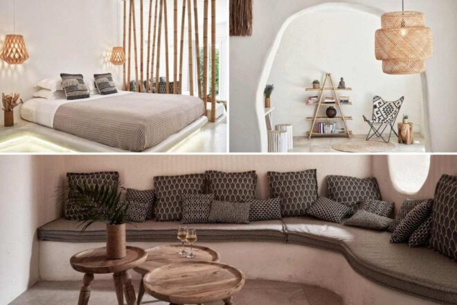 A collage of three hotel photos to stay in Naxos: a minimalist bedroom with bamboo decor, a cozy reading nook with a small shelf, and a spacious lounge with a curved sofa and patterned cushions.