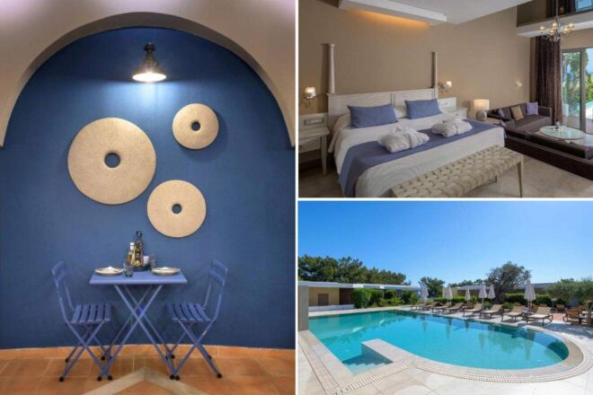 A collage of three hotel photos to stay in Rhodes: a charming blue dining nook with wall art, a comfortable bedroom with blue accents, and a serene pool area with sun loungers