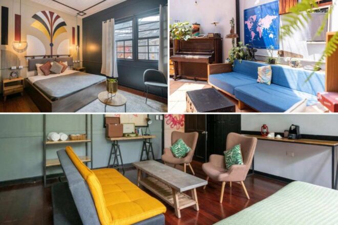 A collage of three hotel photos to stay in San Jose: a uniquely decorated bedroom with artistic wall designs, a casual lounge area with a piano and blue couches, and a modern sitting area with vibrant yellow and gray furniture.