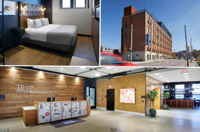 A collage of three hotel photos to stay in Pittsburgh: a contemporary hotel room with a comfortable bed, the exterior view of the TRYP by Wyndham hotel, and a trendy lobby with a reception desk and modern decor.