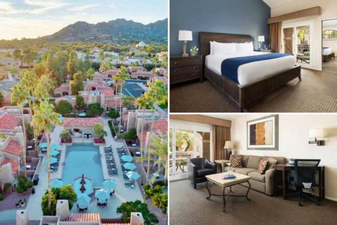 A collage of three hotel photos to stay in Scottsdale: an aerial view of a resort with a central pool and red-roofed villas, a comfortable bedroom with a blue accent wall, and a cozy living area with a sofa and desk.