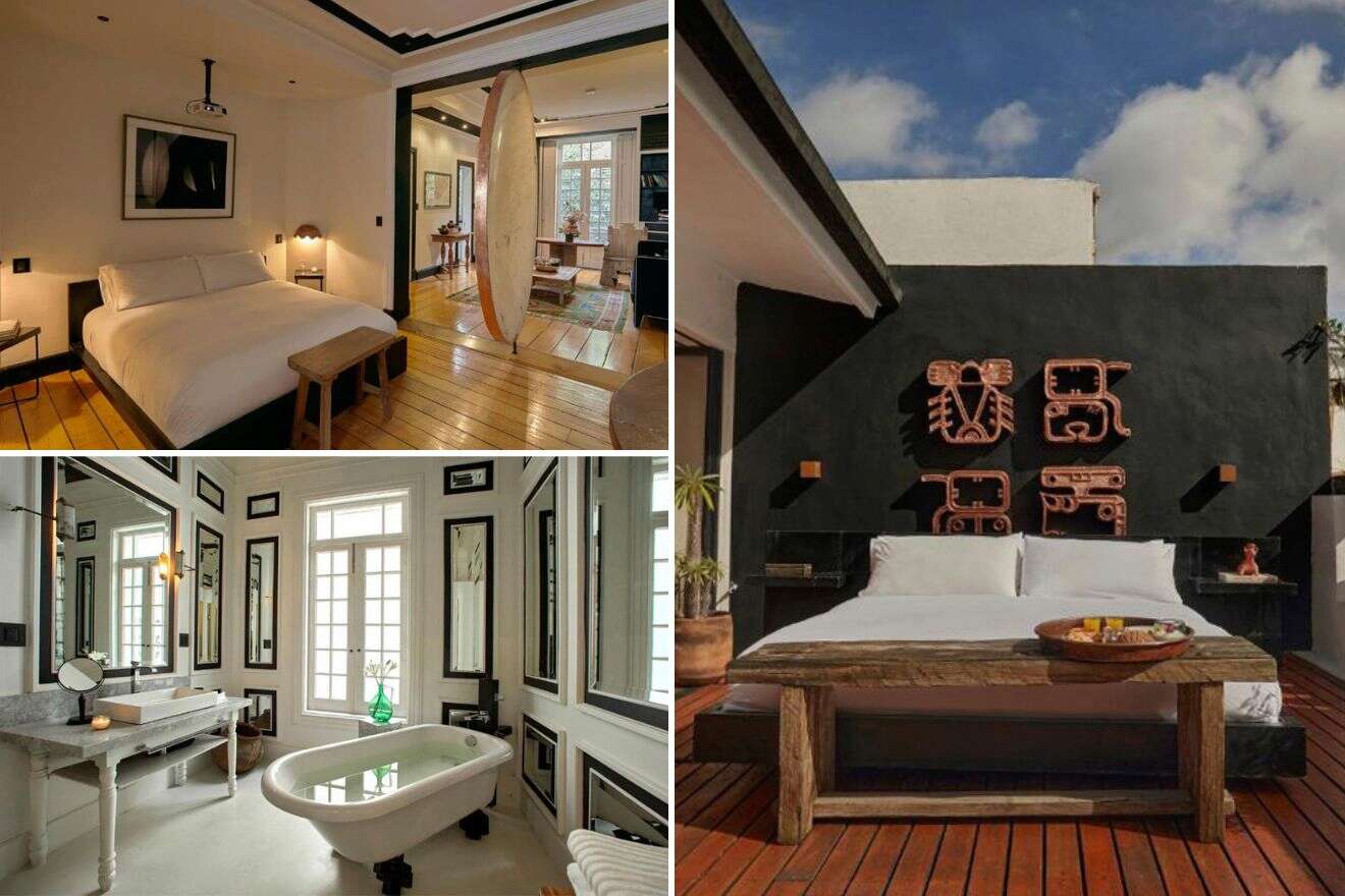 A collage of three boutique hotel photos to stay in Mexico City: a minimalistic bedroom with a large mirror, a bathroom with a standning bath tub, and outdoor terrace with a bed and wooden table