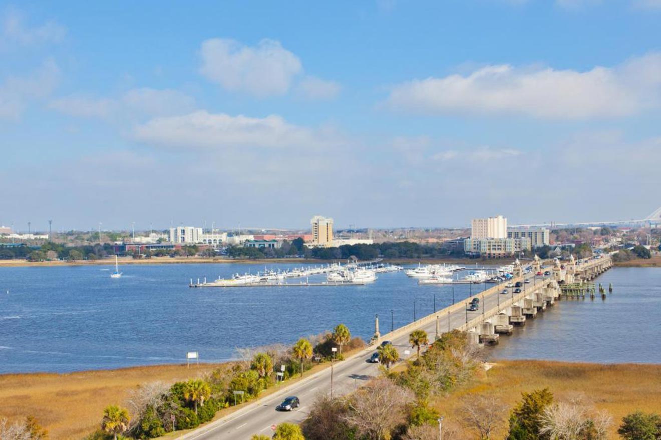 A panoramic view of a coastal city with a bridge over a waterway lined with boats, showing both bustling traffic and distant buildings under a clear blue sky.