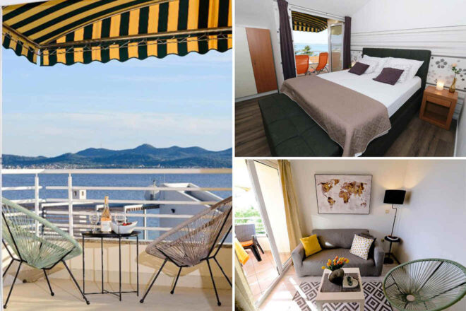 A collage of three hotel photos to stay in Zadar: A balcony with a striped awning overlooking the sea, a comfortable bedroom with access to the balcony, and a cozy living room with modern decor and a touch of color.