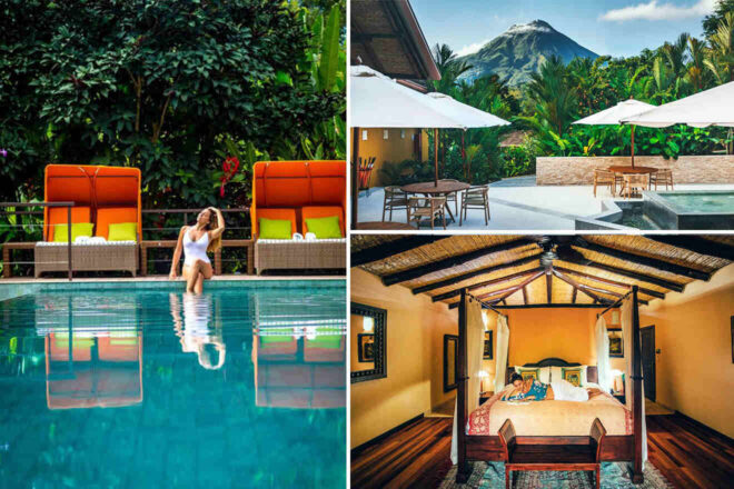 A collage of three hotel photos to stay in Arenal Volcano: A serene poolside scene with a woman relaxing in the water, a cozy patio area with mountain views, and a rustic bedroom with a canopy bed and traditional decor.