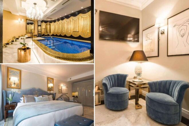 A collage of three hotel photos to stay in Krakow: a luxurious indoor pool with gold accents and elegant drapery, a plush bedroom with soft blue and gold tones, and a cozy sitting area with blue velvet chairs and a lamp.