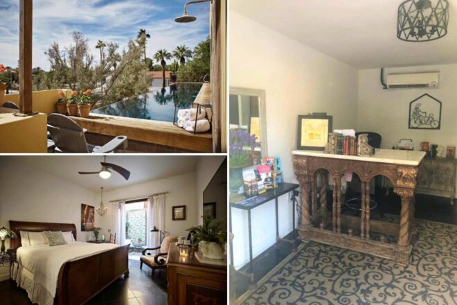 A collage of three hotel photos to stay in Scottsdale: a charming balcony with an outdoor shower and potted plants, a cozy bedroom with a wooden bed and modern decor, and a small, quaint reception area with vintage furniture.