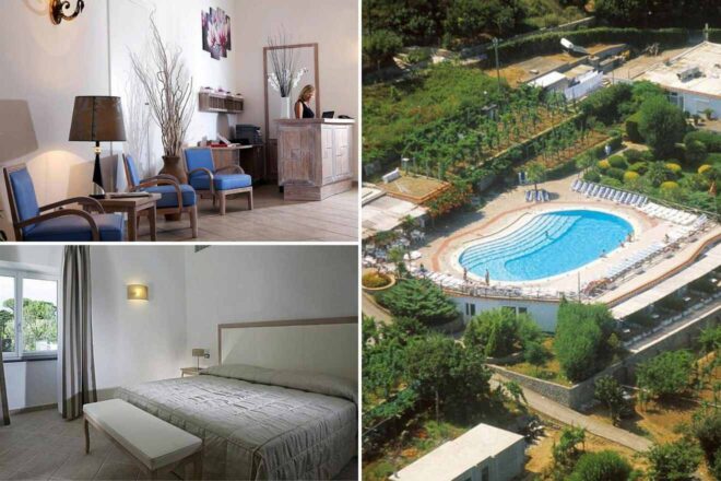 A collage of three hotel photos to stay in Capri: a welcoming lobby with blue chairs and wooden decor, an aerial view of a large outdoor pool surrounded by greenery and loungers, and a spacious bedroom with neutral tones and a large window.