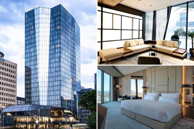 A collage of three hotel photos: the hotel's impressive glass facade towering into the sky, a sophisticated lobby lounge with cream-colored sofas, and a spacious bedroom with floor-to-ceiling windows and a stunning view.