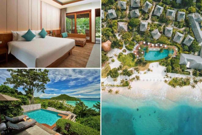 A collage of three hotel photos to stay in Phi Phi Islands: a spacious room with a minimalist design and a view of the garden, an infinity pool overlooking the ocean, and an aerial view of the resort with lush greenery and beachside huts. ​​