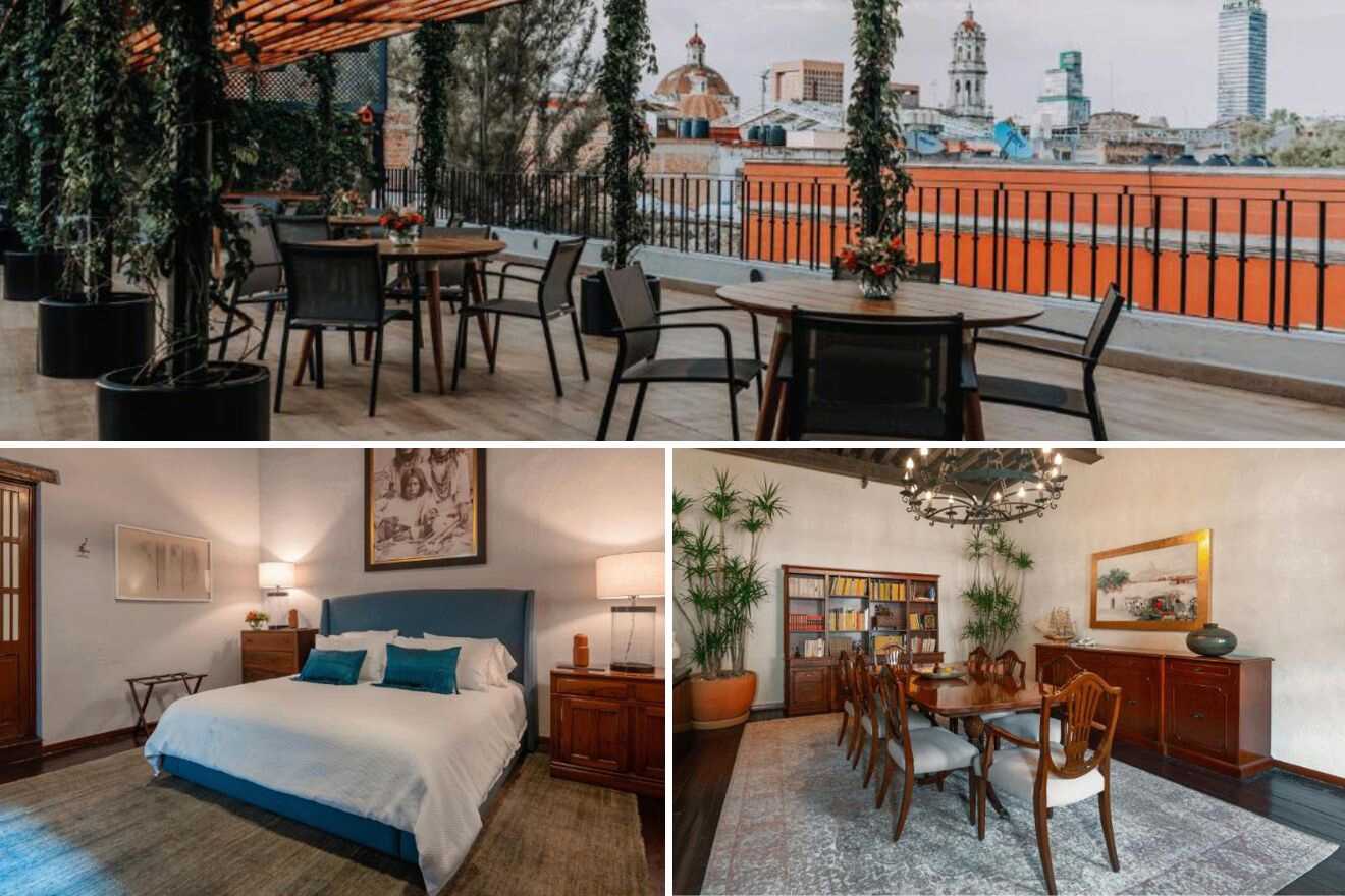 A collage of three boutique hotel photos to stay in Mexico City: a rooftop lounge area with chairs and tables and a view, a simple bedroom with a bed with a blue headboard, and a dining room with a bookcase and chandelier