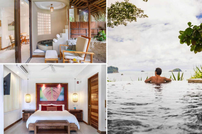 A collage of three hotel photos to stay in Manuel Antonio: A luxurious room with a private hot tub on a balcony, a cozy bedroom with modern furnishings and artistic decor, and a man relaxing in an infinity pool with ocean views.
