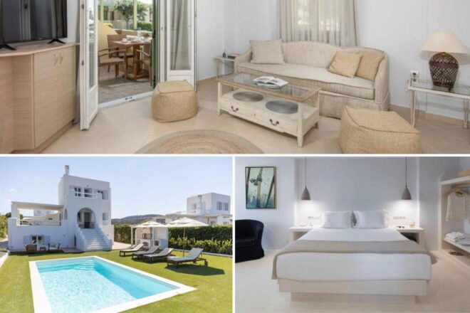 A collage of three hotel photos to stay in Naxos: a cozy living area with beige furniture, an outdoor pool next to a white house, and a simple yet elegant bedroom with modern decor.