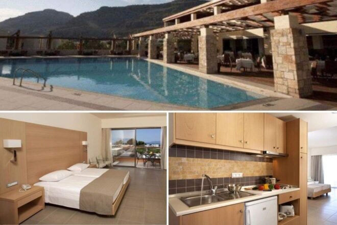 A collage of three hotel photos to stay in Rhodes: a large outdoor pool with a pergola, a minimalistic bedroom with wood accents, and a small kitchen with modern amenities.