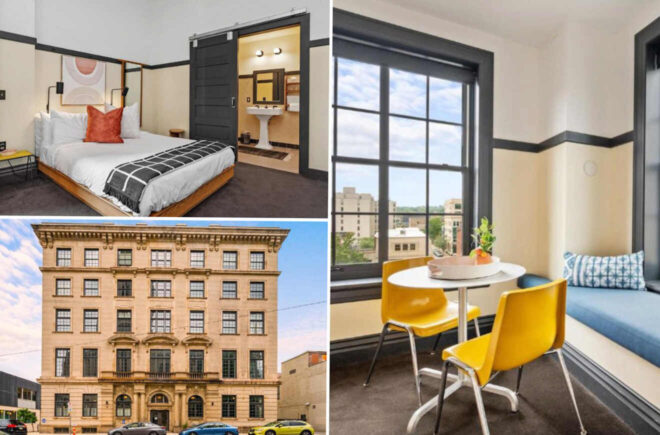 A collage of three hotel photos to stay in Pittsburgh: a cozy bedroom with a modern design, a dining area with large windows and a view of the city, and the historic facade of The Maverick by Kasa hotel. ​​