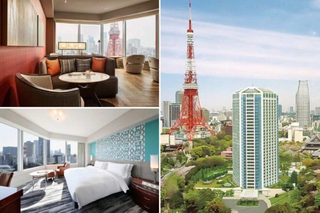 A collage of three hotel photos: a stylish suite with a view of Tokyo Tower, a bright bedroom with modern turquoise decor, and the hotel's iconic exterior with Tokyo Tower in the background.