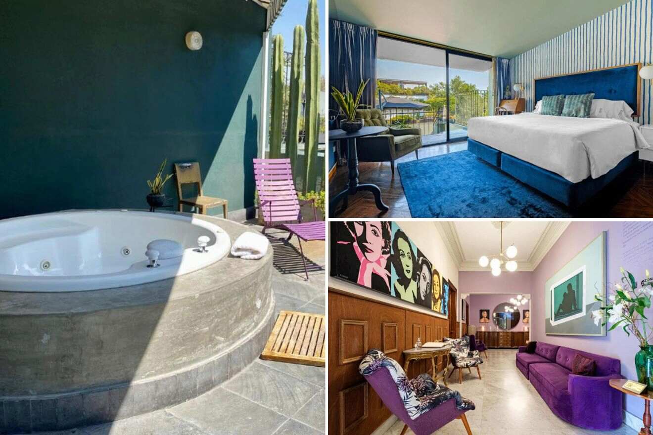 A collage of three boutique hotel photos to stay in Mexico City: an outdoor hottub, a bedroom with blue headboard, carpet and curtains, and a lounge area with purple couch and armchairs