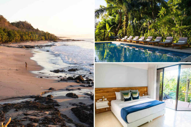 A collage of three hotel photos to stay in Montezuma: A picturesque beach with a single person walking along the shore, a beautiful pool surrounded by sun loungers and lush greenery, and a modern bedroom with a view of the forest through large windows.