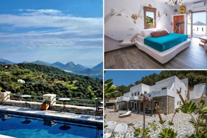 A collage of three hotel photos to stay in Naxos: a stunning view of lush green hills, a bedroom with a turquoise bedspread, and an outdoor seating area at a charming retreat